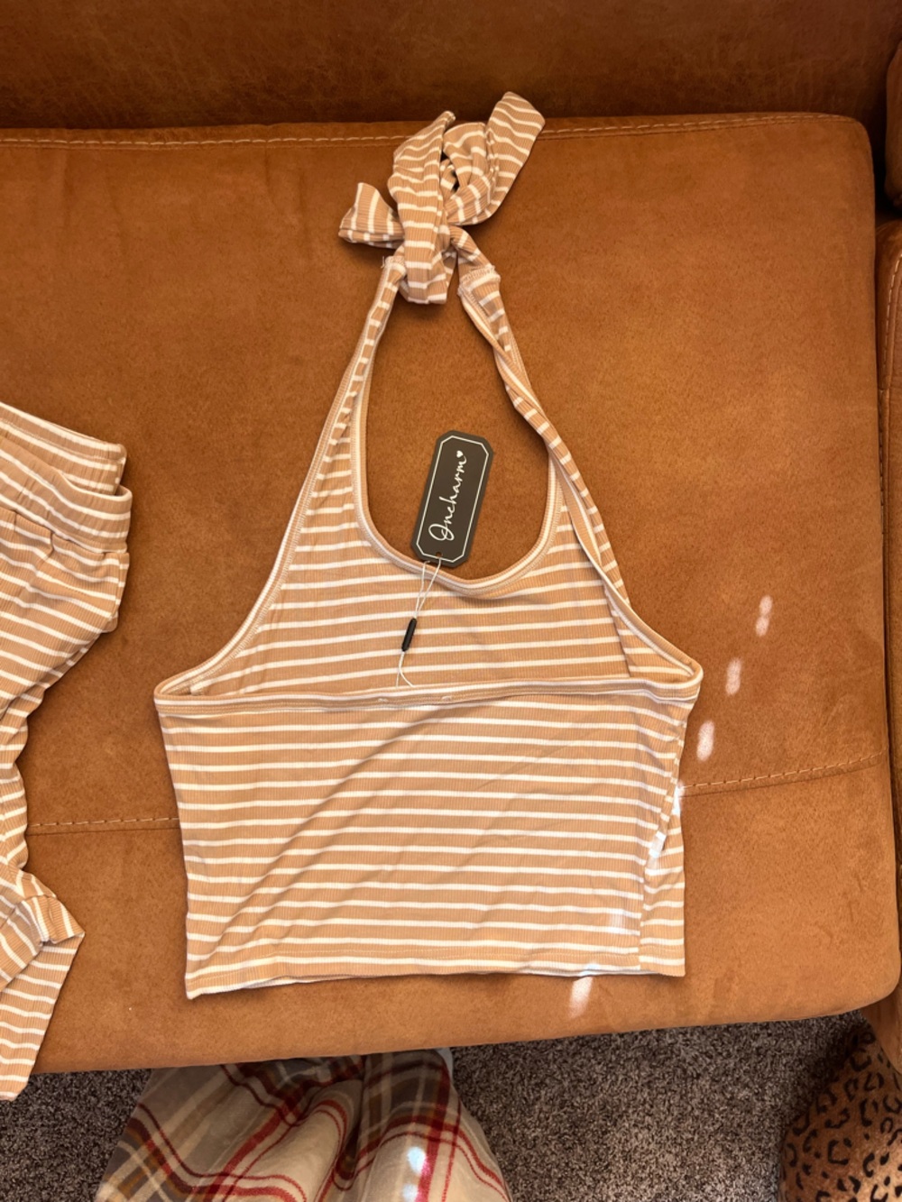 Boutique Tan/White Striped Lounge Set / Pants and Halter top NEW WITH TAGS - Picture 4 of 8